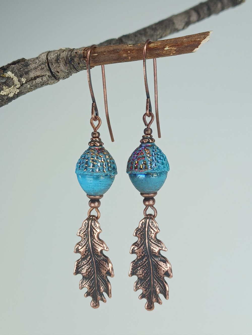 Blue Czech Glass Acorn Earrings Copper Oak Leaf Woodland Hand Crafted - Picture 3 of 7
